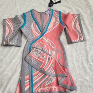 Herve Leger Coral, Gray & Teal Graphic Wrap Mini Dress